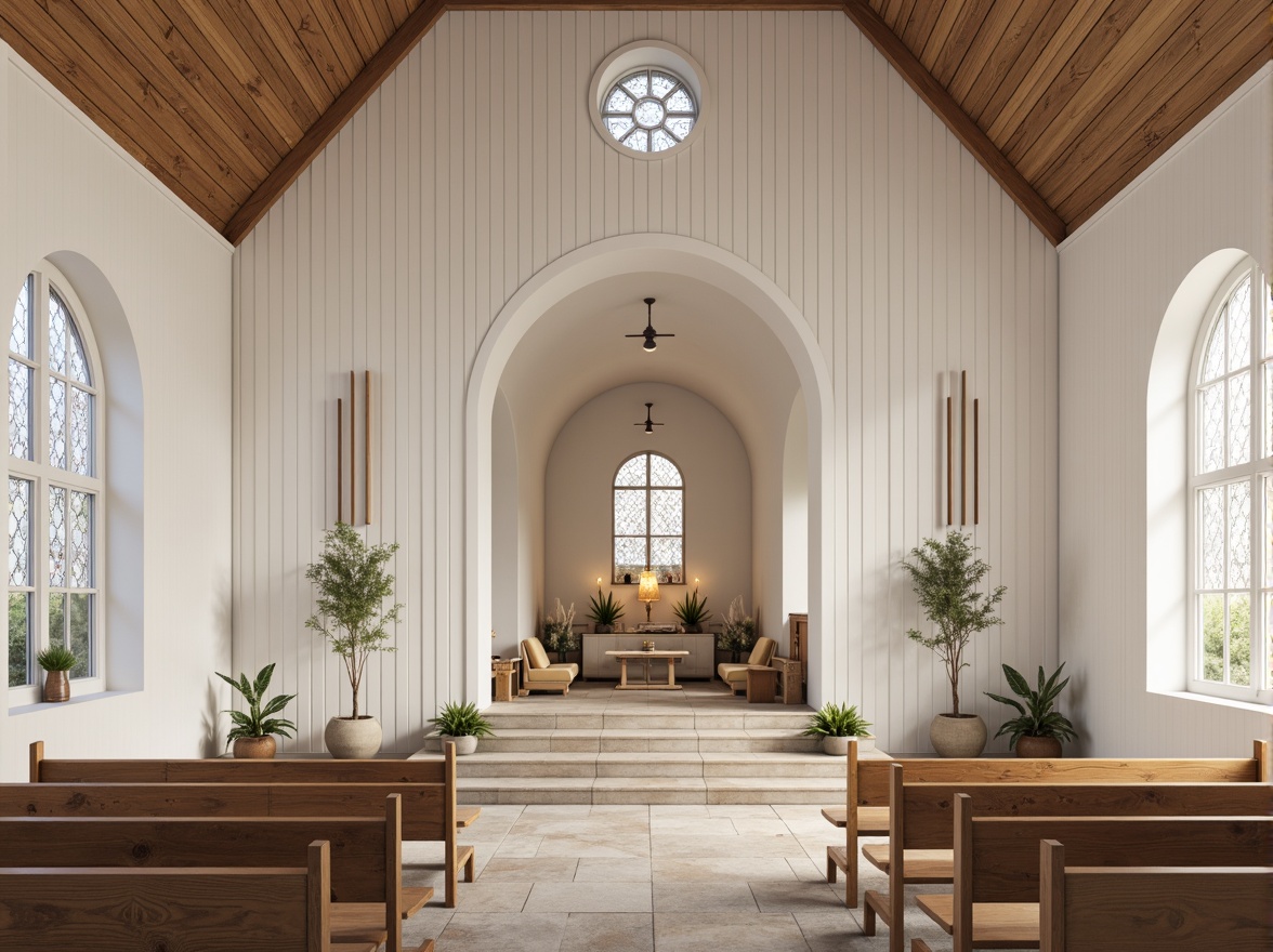 Prompt: Whitewashed wooden walls, minimalist decor, sparse furnishings, vaulted ceilings, arched windows, stained glass, soft diffused light, warm beige tones, rustic stone floors, pine wood pews, Nordic-inspired altarpieces, candlelit ambiance, subtle shadows, gentle contrast, 1/1 composition, shallow depth of field, realistic textures, ambient occlusion.