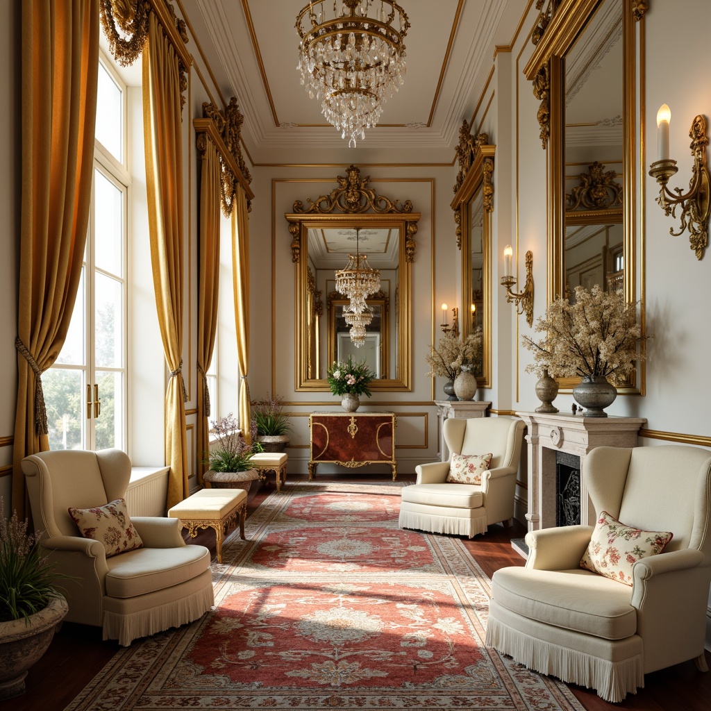 Prompt: Luxurious Rococo interior, soft creamy whites, warm golden yellows, rich velvety reds, deep blues, ornate gilded frames, intricate patterns, lavish fabrics, delicate florals, subtle sheen, ornamental mirrors, crystal chandeliers, opulent furnishings, curved lines, whimsical details, natural light, airy atmosphere, shallow depth of field, 1/2 composition, warm soft focus, realistic textures, ambient occlusion.