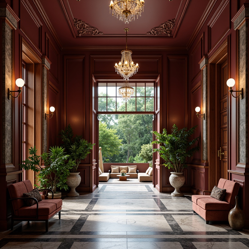 Prompt: Grand entrance, eclectic style, maroon walls, ornate wooden doors, golden hardware, crystal chandeliers, patterned marble floors, lavish furnishings, velvet drapes, intricate carvings, ornamental mirrors, lush greenery, natural stone columns, warm ambient lighting, shallow depth of field, 1/2 composition, realistic textures, ambient occlusion.