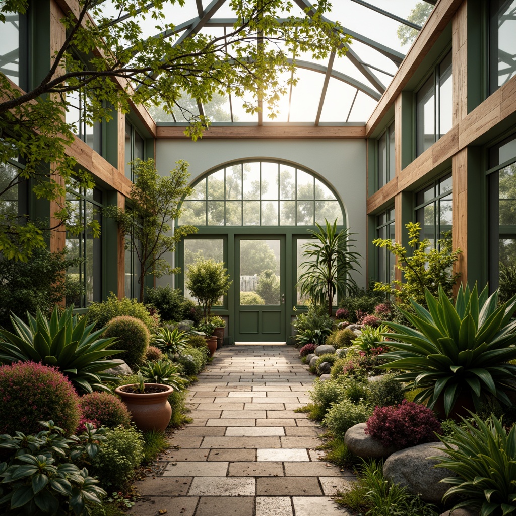 Prompt: Vibrant greenhouse interior, lush tropical plants, natural stone flooring, reclaimed wood accents, earthy terracotta pots, soft warm lighting, misty atmosphere, serene ambiance, calming color scheme, muted sage green walls, creamy white trim, rich wooden tones, pops of bright coral, subtle moss textures, organic shapes, whimsical illustrations, 1/2 composition, shallow depth of field, warm golden hour lighting.