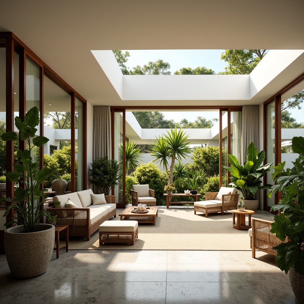 Prompt: Sleek Asian-style sunroom, sliding glass doors, minimalist decor, natural wood accents, woven bamboo furniture, lush greenery, vibrant tropical plants, soft warm lighting, shallow depth of field, 1/1 composition, panoramic view, realistic textures, ambient occlusion, abundant natural light, skylights, clerestory windows, solar tubes, light-colored walls, reflective surfaces, airy atmosphere, serene ambiance.