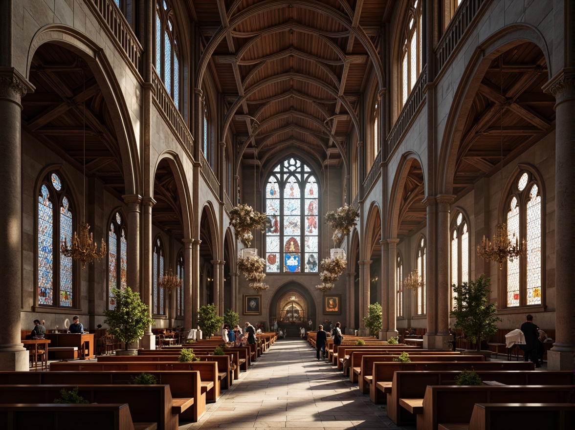 Prompt: Intricate stone carvings, grandiose chandeliers, ornate wooden paneling, stained glass windows, ribbed vaulted ceilings, pointed arches, flying buttresses, lavish furnishings, velvet drapes, golden accents, mystical ambiance, soft warm lighting, shallow depth of field, 1/1 composition, realistic textures, ambient occlusion.