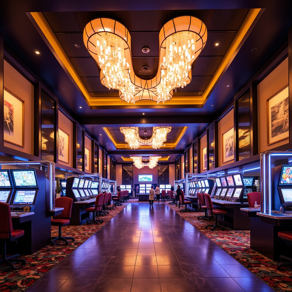 Prompt: Luxurious casino interior, contemporary chandeliers, ambient warm lighting, LED ceiling installations, glossy marble floors, sleek metallic accents, lavish furnishings, ornate mirrors, vibrant color schemes, abstract patterned carpets, high-contrast dramatic lighting, spotlights on gaming tables, soft diffused illumination, 1/2 composition, cinematic atmosphere, realistic reflections, advanced particle effects.