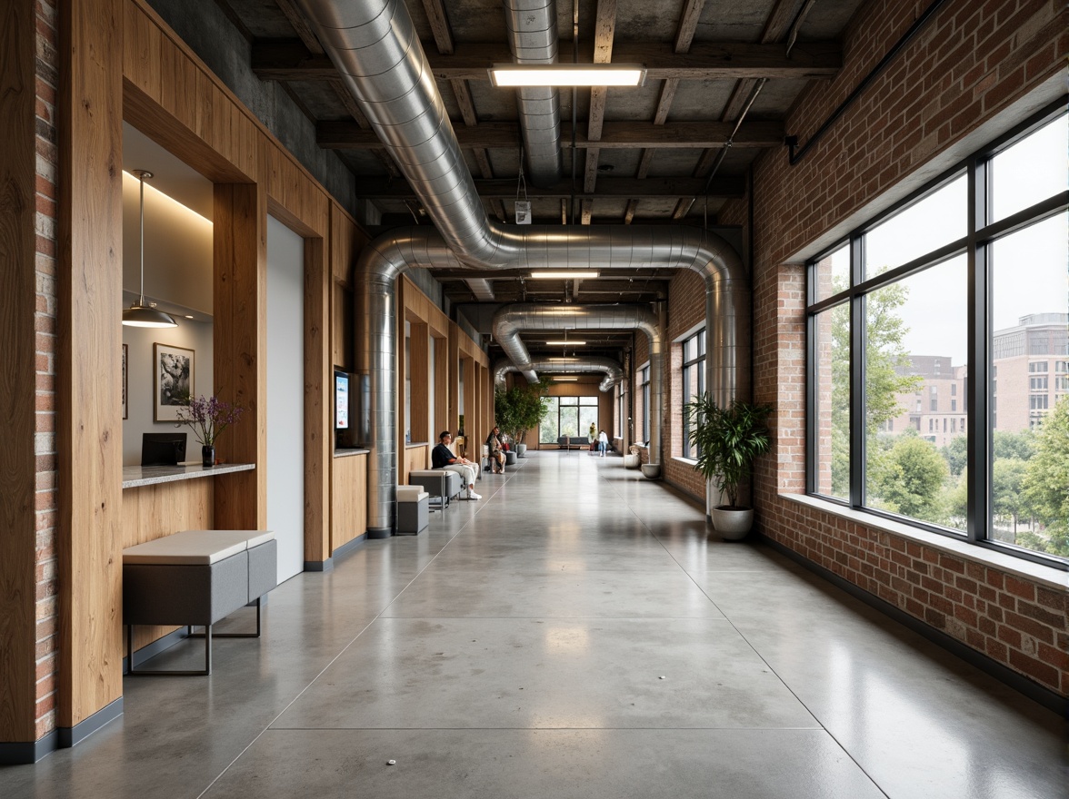 Prompt: Rustic hospital corridors, industrial chic walls, exposed ductwork, polished concrete floors, metallic pipes, neutral color palette, functional lighting fixtures, sleek medical equipment, natural stone accents, rough-textured brick walls, distressed wood panels, urban loft-inspired design, airy open spaces, abundant natural light, shallow depth of field, 1/1 composition, realistic material textures, ambient occlusion.