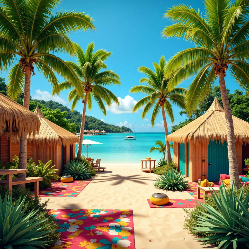 Prompt: Vibrant tropical island, lush green palms, exotic floral patterns, warm sandy beaches, clear turquoise waters, colorful tiki huts, rustic wooden accents, woven textiles, natural fiber rugs, eclectic global decor, bold geometric shapes, bright coral hues, sunny yellow tones, deep teal blues, energetic orange shades, lively pink accents, soft creamy whites, whimsical illustrative style, playful hand-painted textures, 1/1 composition, dramatic spotlighting, high-contrast color scheme.