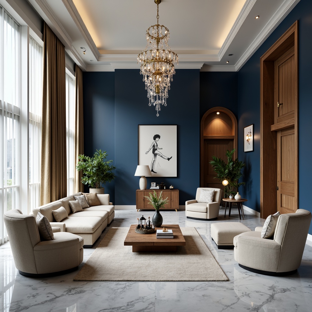 Prompt: Calming navy blue walls, soft cream accents, rich wood furniture, plush velvet upholstery, metallic gold hardware, elegant crystal chandeliers, luxurious marble floors, sophisticated modern interior design, ample natural light, floor-to-ceiling windows, sheer white curtains, cozy reading nooks, comfortable sectional sofas, statement art pieces, 1/1 composition, warm softbox lighting, realistic reflections, subtle ambient occlusion.