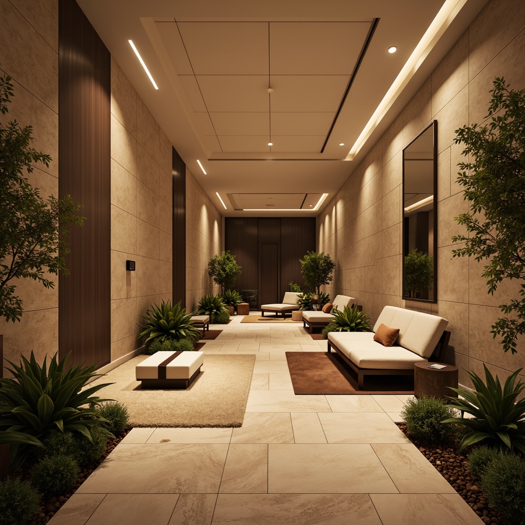 Prompt: Luxurious interior space, warm beige walls, textured finishes, subtle sheen, metallic accents, ambient lighting, floor-to-ceiling windows, natural stone flooring, plush area rugs, comfortable seating areas, greenery accents, elegant wall mirrors, sophisticated color palette, soft warm glow, shallow depth of field, 1/1 composition, realistic textures, ambient occlusion.