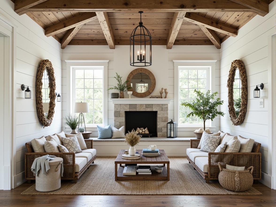 Prompt: Driftwood accents, ocean-worn wooden planks, crisp white shiplap walls, natural linen upholstery, jute rug, woven sea grass baskets, distressed metal lanterns, glass bottle chandeliers, coral-inspired decorative accessories, shell-adorned mirrors, soft blue-green color palette, weathered stone fireplaces, reclaimed wood coffee tables, nautical rope details, ambient warm lighting, shallow depth of field, 1/1 composition, realistic textures, subtle grain effect.