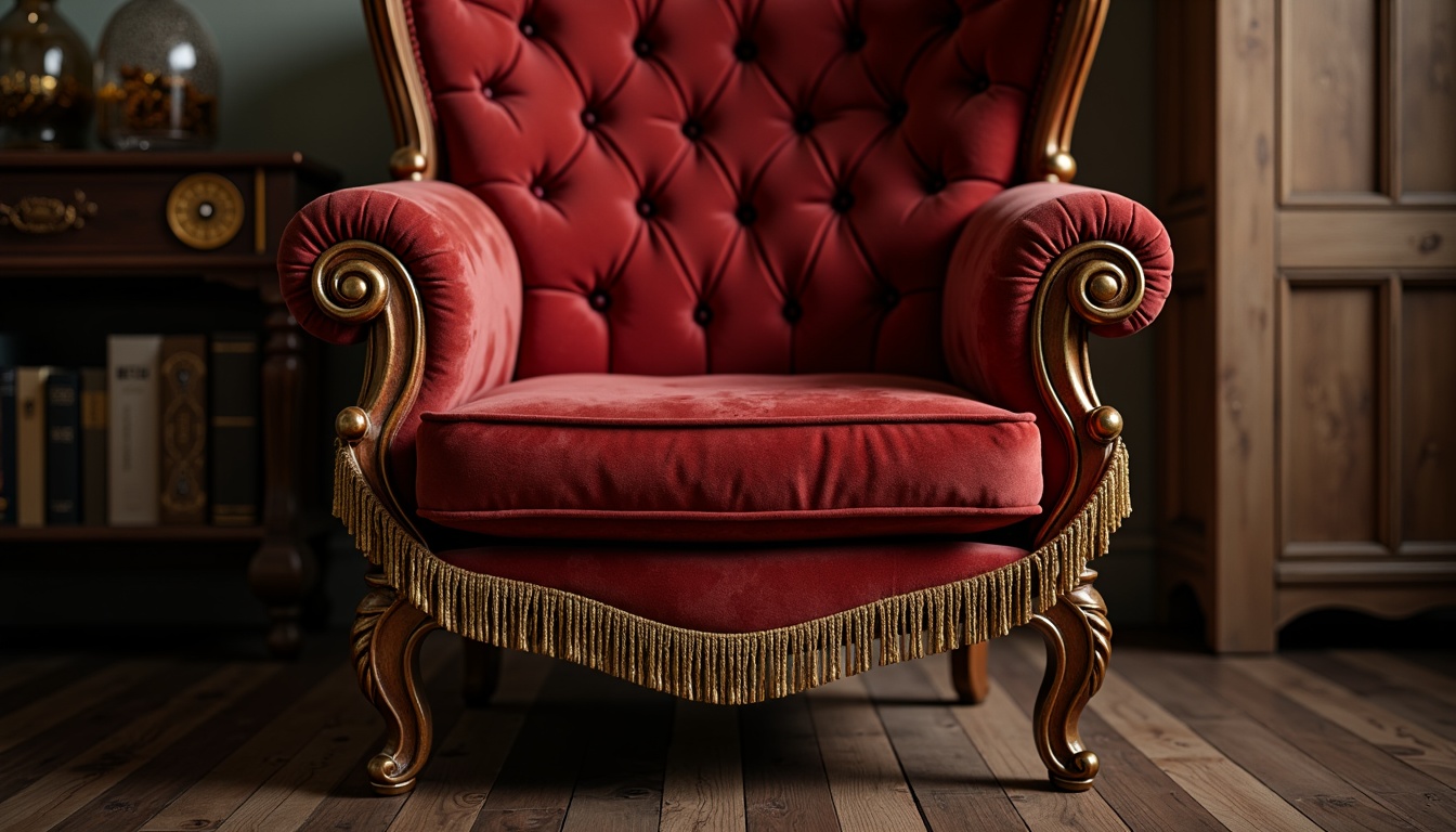 Prompt: Ornate Victorian armchair, luxurious velvet upholstery, rich mahogany wood frame, intricately carved legs, plush cushions, golden tassels, crimson red fabric, subtle sheen, soft warm lighting, shallow depth of field, 1/1 composition, realistic textures, ambient occlusion, vintage buttons, ornamental braids, floral patterns, elegant curves, sophisticated design.