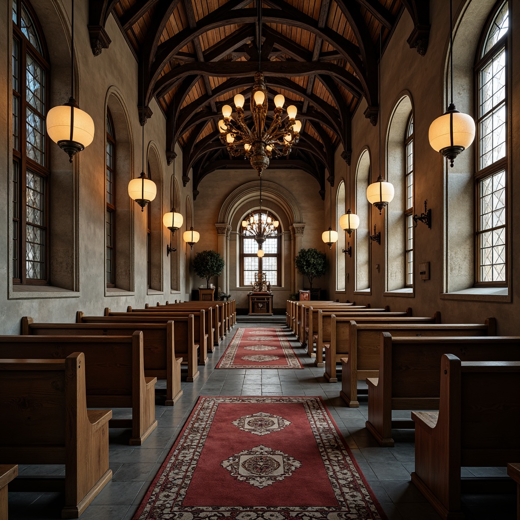 Prompt: Rustic wooden pews, ornate stone carvings, vaulted ceilings, stained glass windows, grandiose chandeliers, intricately patterned rugs, worn leather-bound Bibles, distressed wooden crucifixes, aged metal lanterns, dim warm lighting, shallow depth of field, 1/1 composition, symmetrical framing, realistic textures, ambient occlusion, reverent atmosphere, sacred symbols, mystical ambiance.