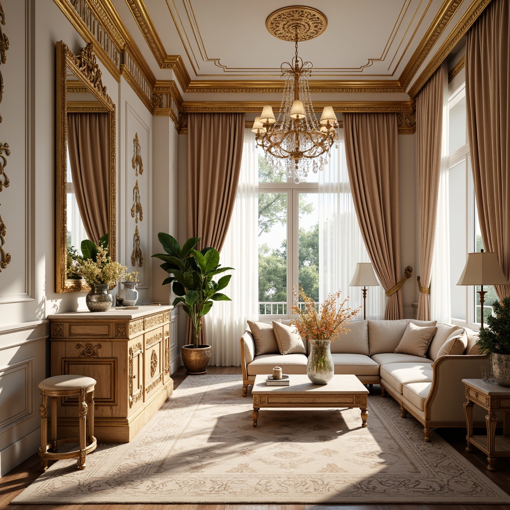 Prompt: Luxurious Rococo apartments, ornate gold accents, intricately carved wooden furnishings, soft velvet drapes, crystal chandeliers, marble countertops, intricate moldings, pastel color palette, lavish fabrics, delicate lace patterns, curved lines, French Renaissance inspiration, grandiose ceiling height, opulent furnishings, abundant natural light, warm golden lighting, shallow depth of field, 1/2 composition, ornate mirror frames, lavish flower arrangements, realistic textures, ambient occlusion.