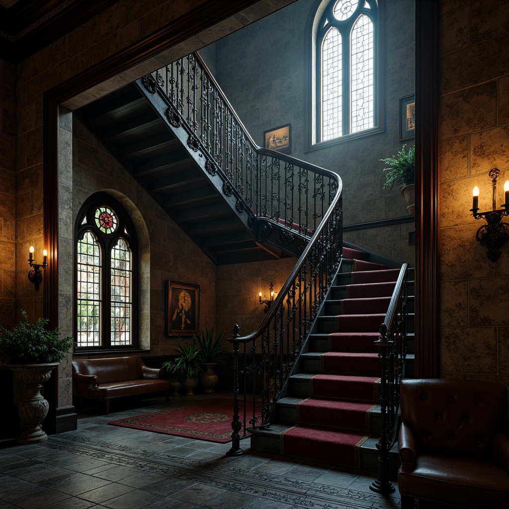 Prompt: Intricate gothic staircase, ornate iron railing, twisted metal balusters, fleur-de-lis patterns, grandiose architecture, dimly lit hallway, mysterious ambiance, stone walls, vaulted ceilings, stained glass windows, rich wood tones, luxurious textiles, dramatic lighting, low-key shadows, 3/4 composition, cinematic view, realistic rendering, ambient occlusion.