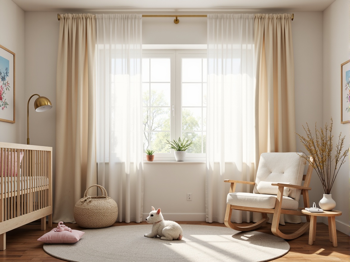 Prompt: Soft pastel colors, gentle curtains, delicate lace trim, sheer drapery, billowy folds, natural light filtering, warm beige tones, creamy whites, baby blue accents, pale pink hues, whimsical nursery rhyme prints, delicate florals, tender greenery, serene ambiance, cozy reading nook, plush area rug, rounded wooden crib, comfortable glider rocker, soothing color palette, gentle texture blending, softbox lighting, 1/1 composition, intimate atmosphere.