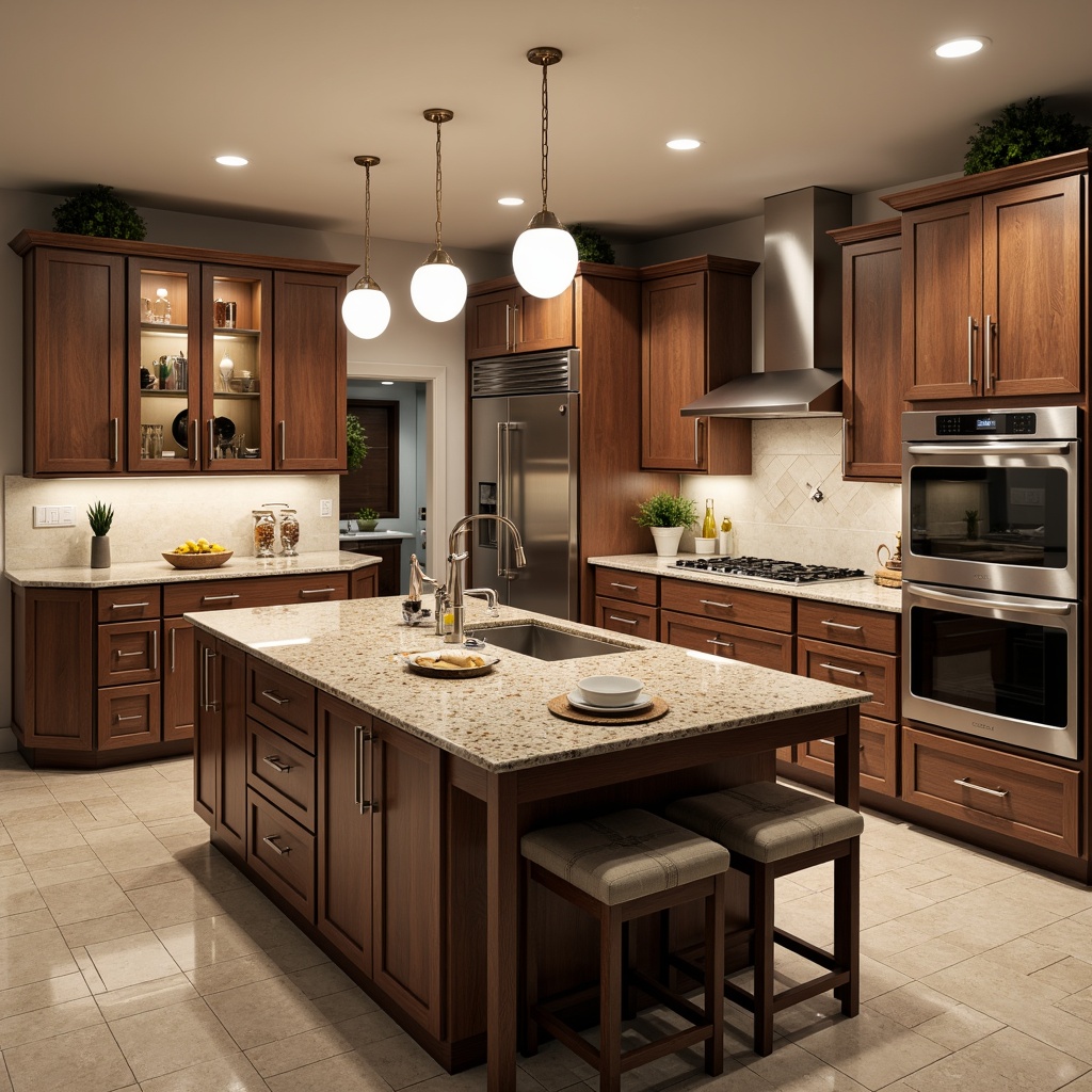 Prompt: Luxurious kitchen island, polished granite countertops, stainless steel appliances, pendant lighting, wooden cabinetry, soft-close drawers, farmhouse sink, quartz backsplash, modern faucet design, undermount sink installation, ample storage space, breakfast bar seating, natural stone flooring, warm ambient lighting, 3/4 composition, realistic textures.