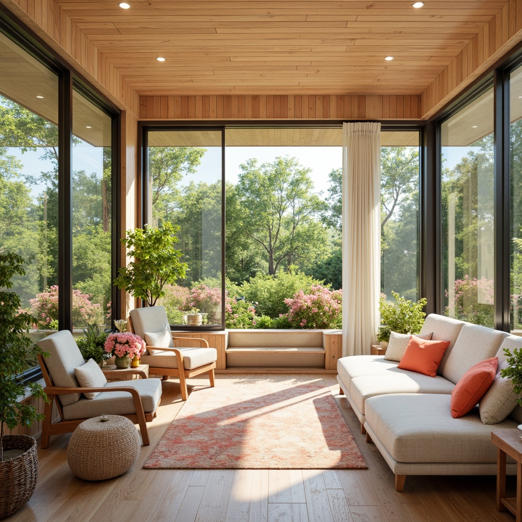 Prompt: Vibrant sunroom, warm natural light, bright cheerful colors, pastel shades, soft peach tones, calming mint hues, creamy whites, rich wood accents, lush greenery, blooming flowers, panoramic view, sliding glass doors, modern minimalist design, sleek metal frames, cozy plush furniture, ambient warm lighting, shallow depth of field, 3/4 composition.