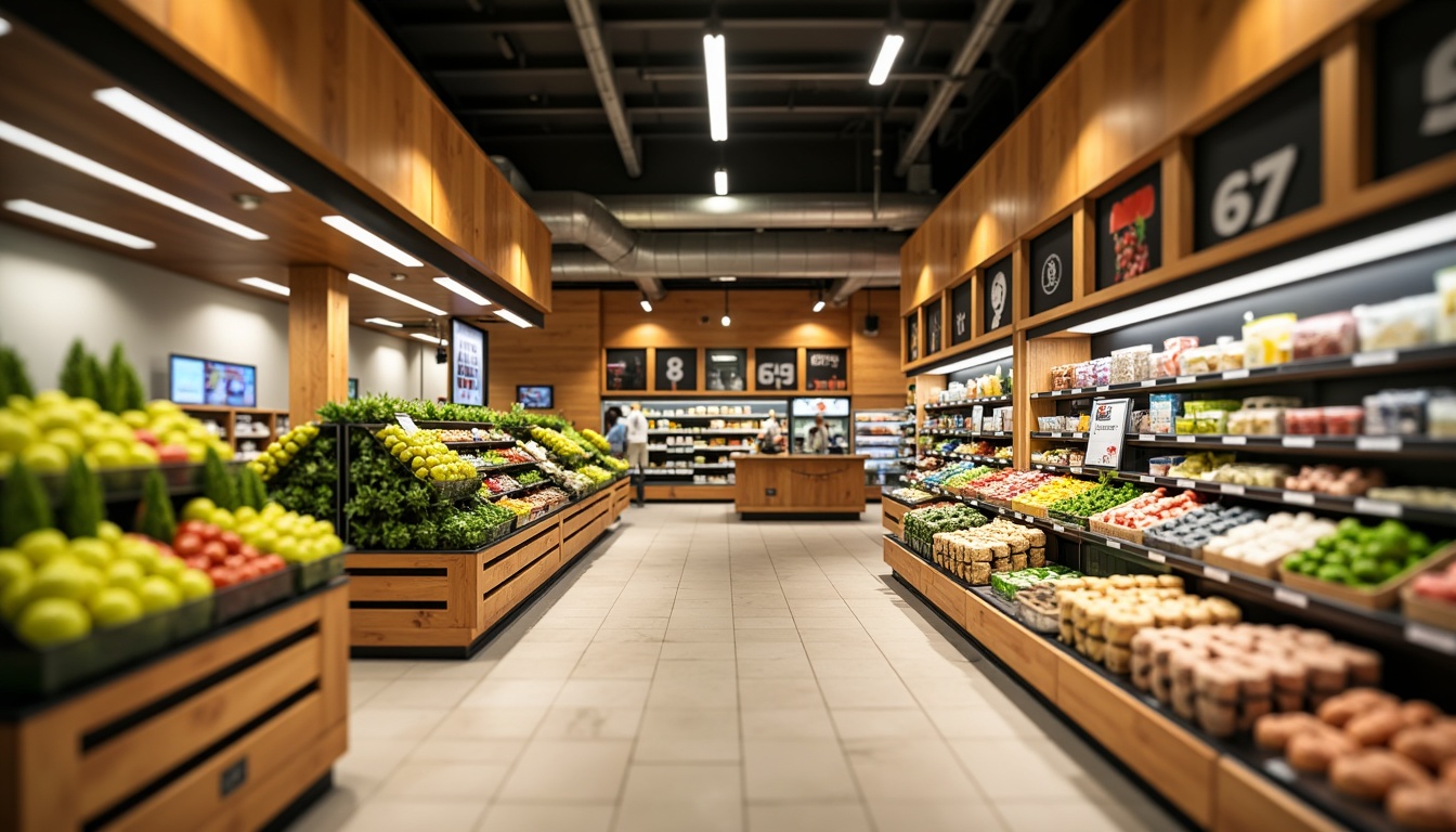 Prompt: Vibrant supermarket interior, warm beige walls, rich wood accents, fresh green produce stands, appetizing food displays, colorful packaging designs, inviting shopping aisles, modern refrigeration units, sleek metal shelves, soft warm lighting, shallow depth of field, 3/4 composition, realistic textures, ambient occlusion.