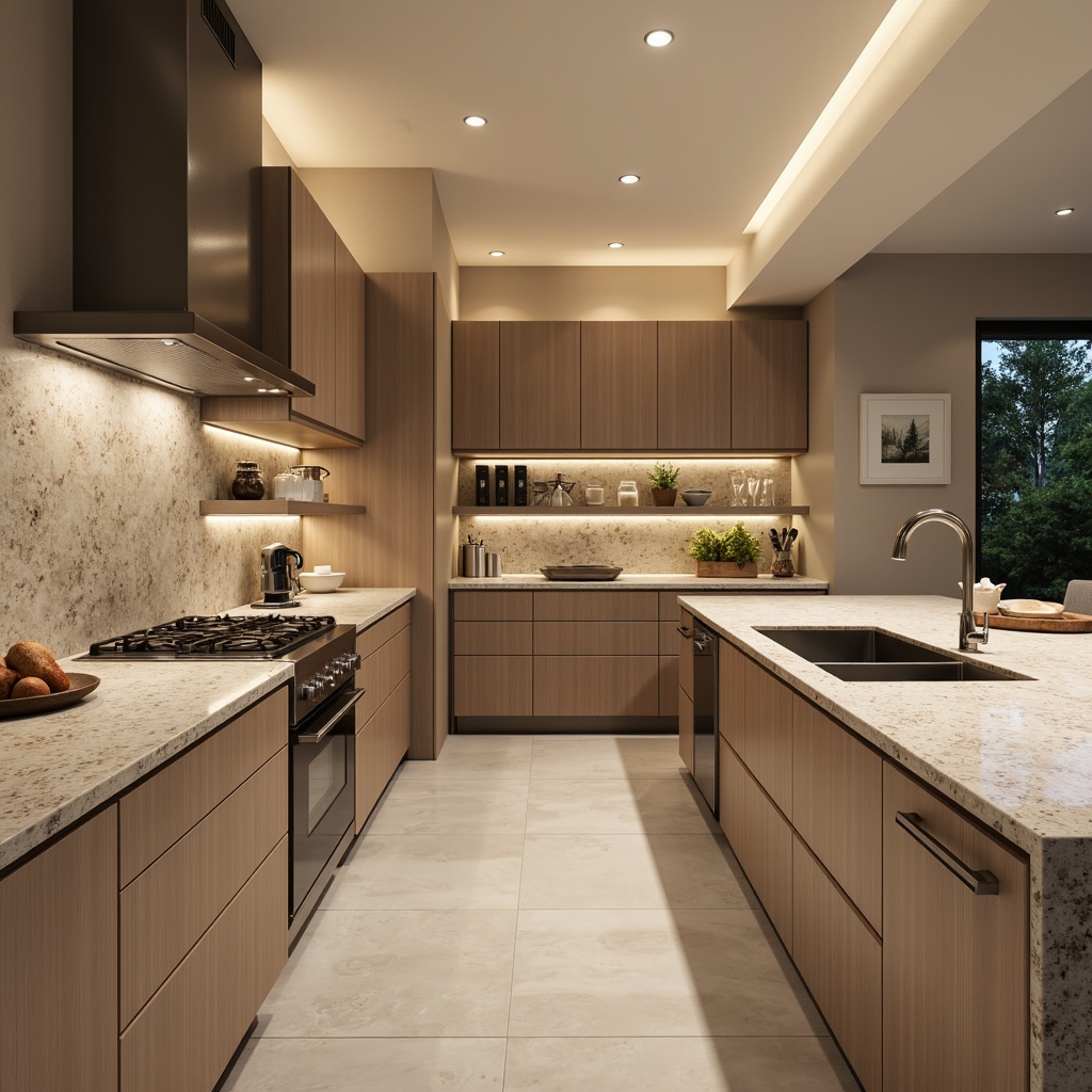 Prompt: Modern kitchen, sleek countertops, polished quartz surfaces, subtle stone patterns, high-gloss finishes, stainless steel appliances, undermount sinks, waterfall edges, built-in cooktops, recessed lighting, ambient glow, warm beige tones, minimalist cabinetry, handle-free drawers, soft-close mechanisms, ergonomic design, functional storage, decorative backsplashes, natural stone textures, luxurious feel, 3/4 composition, shallow depth of field.