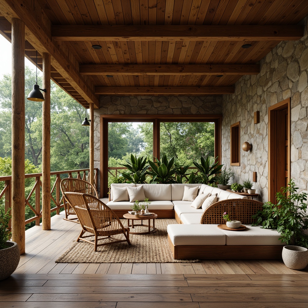 Prompt: Rustic wooden accents, natural stone walls, earthy color palette, woven bamboo furniture, lush greenery, organic shapes, reclaimed wood flooring, eco-friendly materials, sustainable design, cozy cabin atmosphere, warm soft lighting, shallow depth of field, 1/1 composition, realistic textures, ambient occlusion.