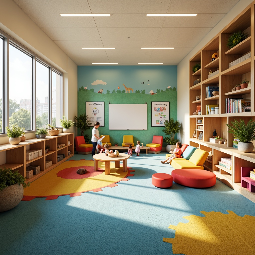 Prompt: Vibrant kindergarten classroom, soft padded flooring, colorful educational walls, playful modular furniture, ergonomic seating, interactive whiteboards, sensory play areas, cozy reading nooks, natural wood accents, rounded safety edges, stimulating textures, whimsical murals, bright overhead lighting, warm tone color scheme, 1/1 composition, shallow depth of field, realistic render.