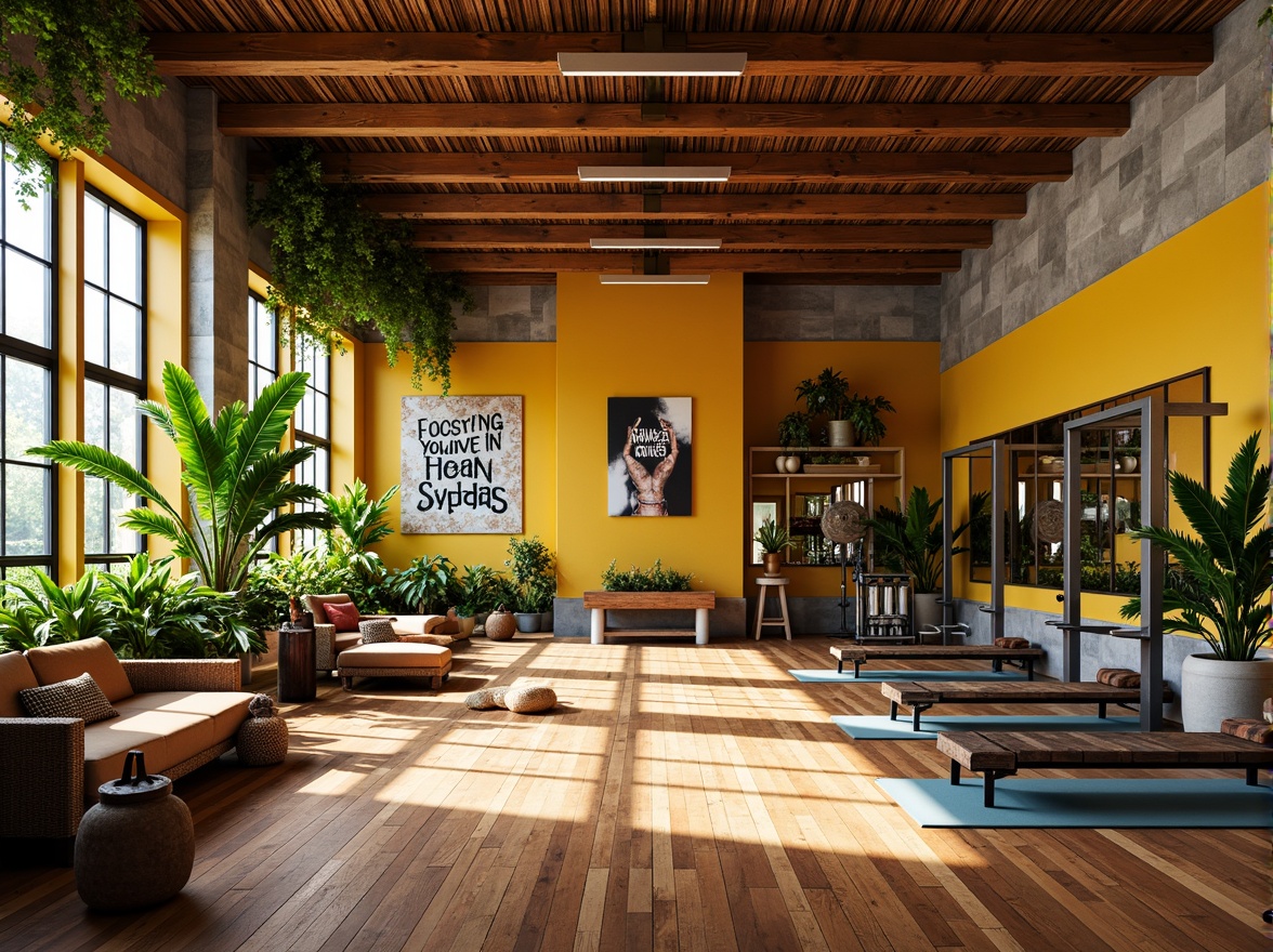 Prompt: Vibrant tropical ambiance, exotic hardwood flooring, polished wooden planks, bright greenery, lush plants, natural stone accents, woven rattan furniture, bold color schemes, high ceilings, large windows, warm sunlight, rustic metal equipment, industrial-style lighting, reclaimed wood walls, motivational quotes, modern exercise machines, free weights, yoga mats, mirrored walls, tropical-inspired artwork, refreshing misting system, 1/2 composition, realistic textures, ambient occlusion.