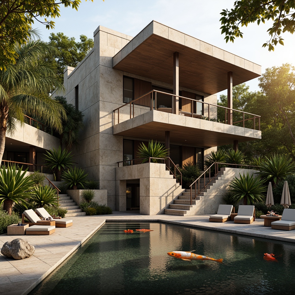 Prompt: Luxurious modern villa, natural stone fa\u00e7ade, rustic textures, earthy tones, grand entrance, sweeping staircases, opulent chandeliers, lavish furnishings, abundant greenery, serene water features, koi ponds, tranquil outdoor spaces, warm sunny day, soft golden lighting, shallow depth of field, 1/1 composition, realistic rock formations, ambient occlusion.