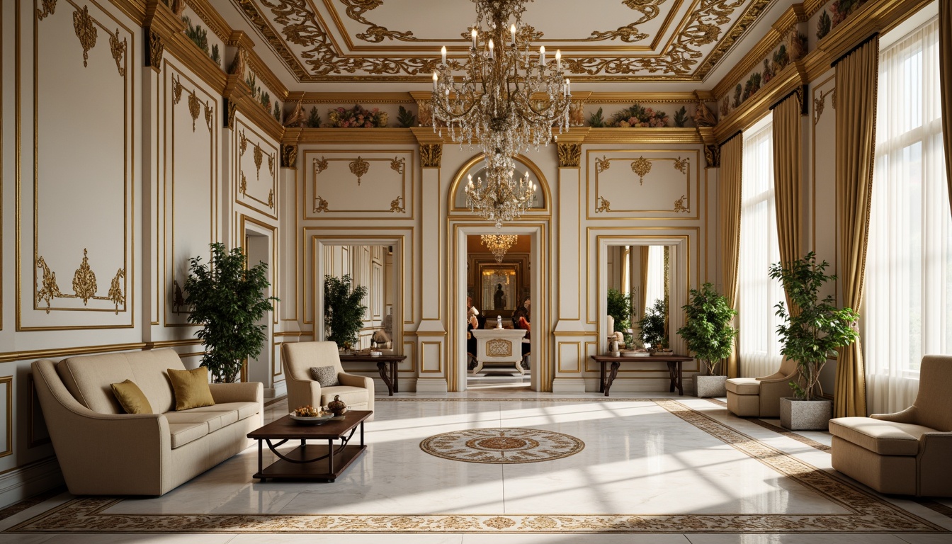 Prompt: Luxurious Rococo apartments, ornate gold accents, intricate carvings, delicate frescoes, lavish chandeliers, plush velvet furnishings, soft pastel color palette, elegant curved lines, whimsical shell motifs, exquisite marble floors, ornamental mirrors, dramatic high ceilings, luscious greenery, natural light pouring in, warm cozy atmosphere, shallow depth of field, 1/1 composition, intimate close-up shots, realistic textures, ambient occlusion.