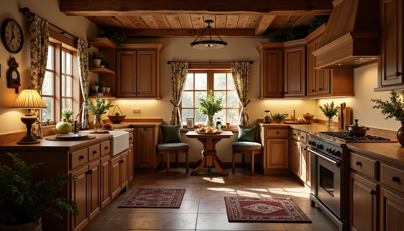 Prompt: Warm traditional kitchen ambiance, rustic wooden cabinetry, earthy tone countertops, creamy white backsplash, warm beige walls, soft warm lighting, table lamps, pendant lights, under-cabinet lighting, cozy breakfast nook, plush area rugs, vintage kitchen utensils, floral patterned curtains, natural stone flooring, farmhouse sink, decorative ceiling beams, warm color palette, inviting atmosphere, soft shadows, 1/2 composition, atmospheric lighting, realistic textures.