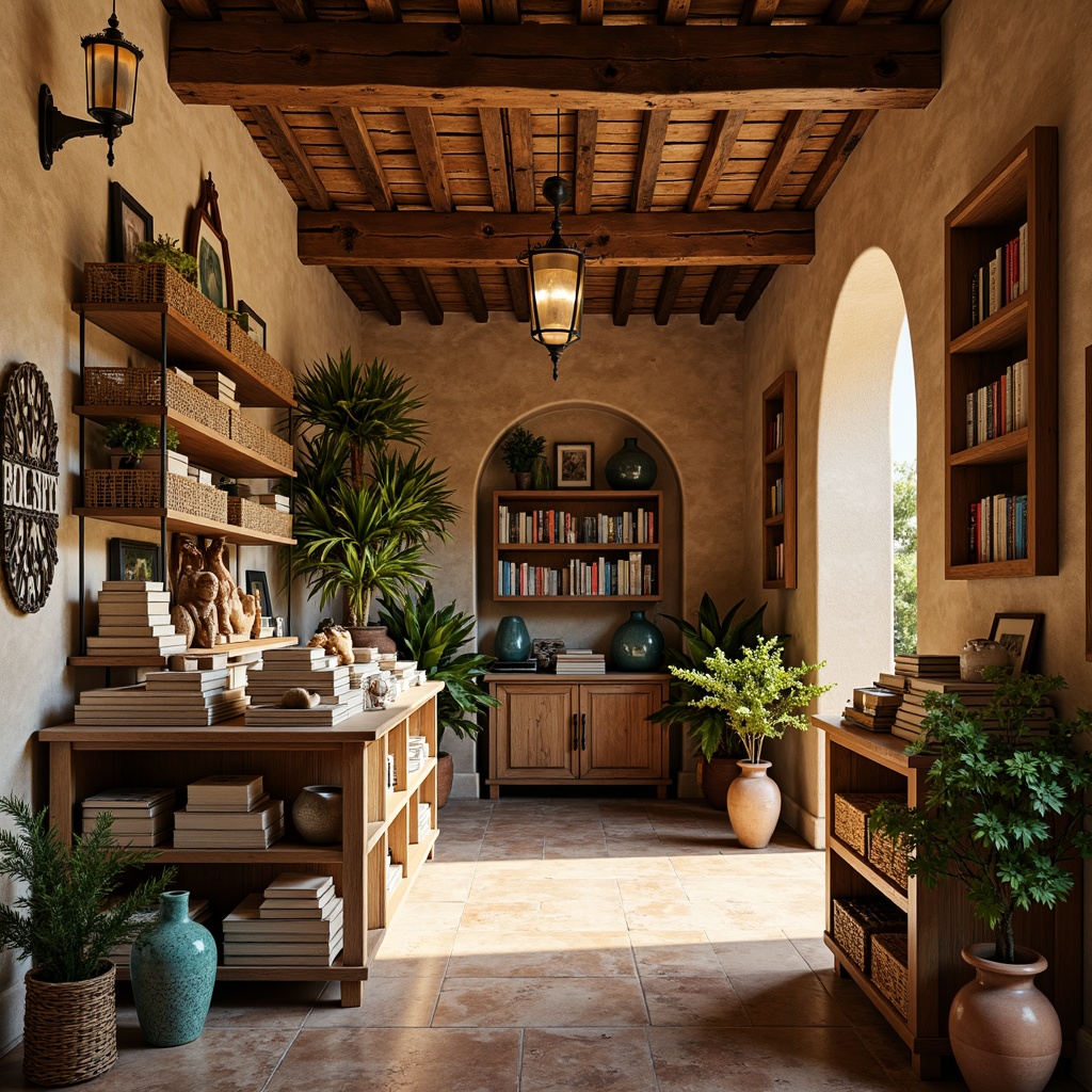 Prompt: Warm Mediterranean bookstore atmosphere, rustic wooden shelves, distressed finishes, ornate metal accents, turquoise glass vases, woven baskets, natural linen fabrics, earthy terracotta pots, curved archways, warm golden lighting, shallow depth of field, 1/2 composition, realistic textures, ambient occlusion.