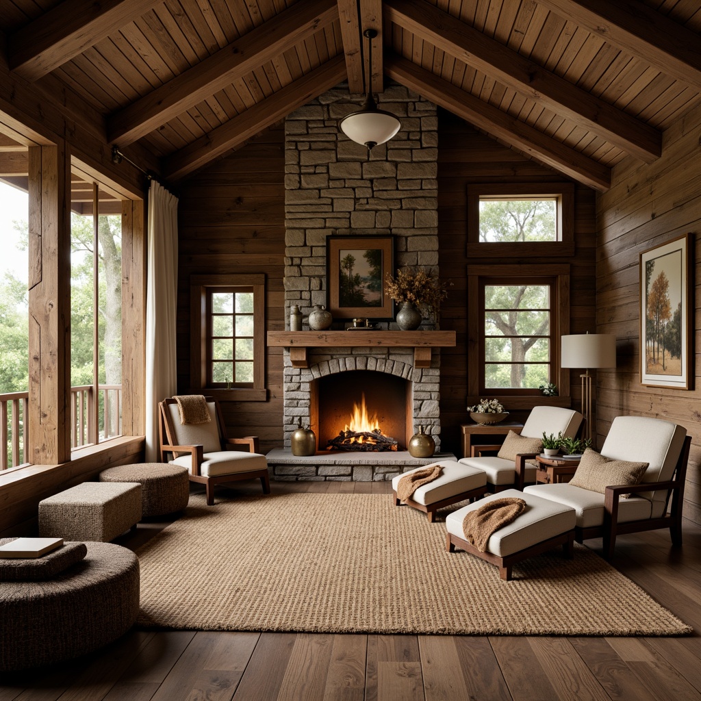 Prompt: Rustic cabin, natural wood accents, stone fireplace, earthy color palette, woven jute rugs, plush throw blankets, vintage-inspired fabrics, distressed leather armchairs, natural fiber upholstery, linen drapes, burlap wallcoverings, wooden beam ceilings, cozy reading nooks, warm ambient lighting, soft focus photography, 1/1 composition, inviting atmosphere.