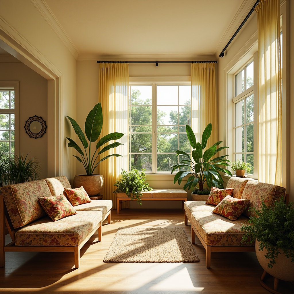 Prompt: Bright sunroom, warm natural light, soft cream walls, pale yellow accents, earthy brown furniture, lush green plants, vibrant floral patterns, sunny day, gentle warmth, cozy atmosphere, 3/4 composition, shallow depth of field, panoramic view, realistic textures, ambient occlusion.