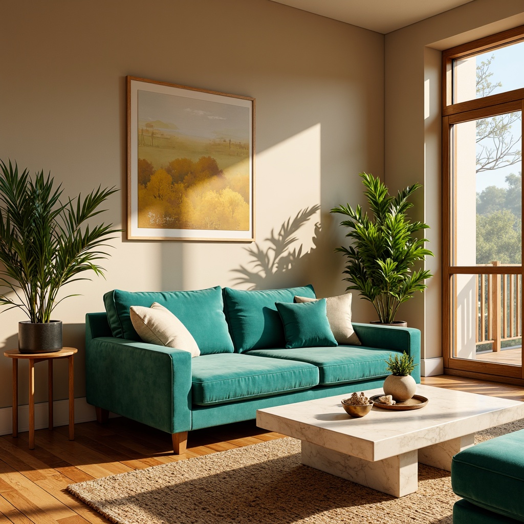 Prompt: Cozy living room, warm beige walls, rich walnut flooring, plush velvet sofa, vibrant turquoise accents, soft golden lighting, creamy white marble coffee table, natural woven rug, lush green plants, large windows, bright sunny day, shallow depth of field, 1/1 composition, realistic textures, ambient occlusion.