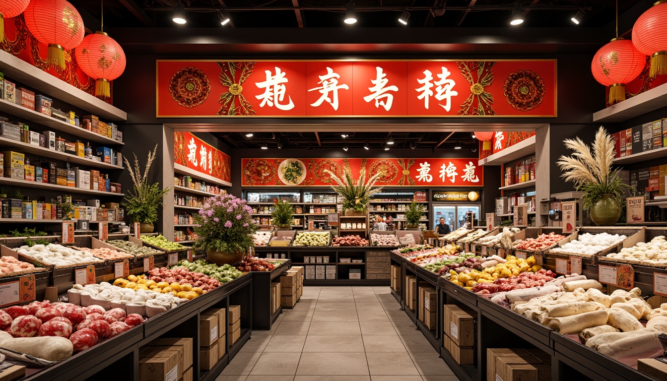 Prompt: Vibrant Asian grocery store, bold signage, red lanterns, golden accents, intricate cultural patterns, colorful produce displays, fresh seafood counters, authentic international products, traditional cooking utensils, decorative fans, warm lighting, shallow depth of field, 1/1 composition, realistic textures, ambient occlusion.