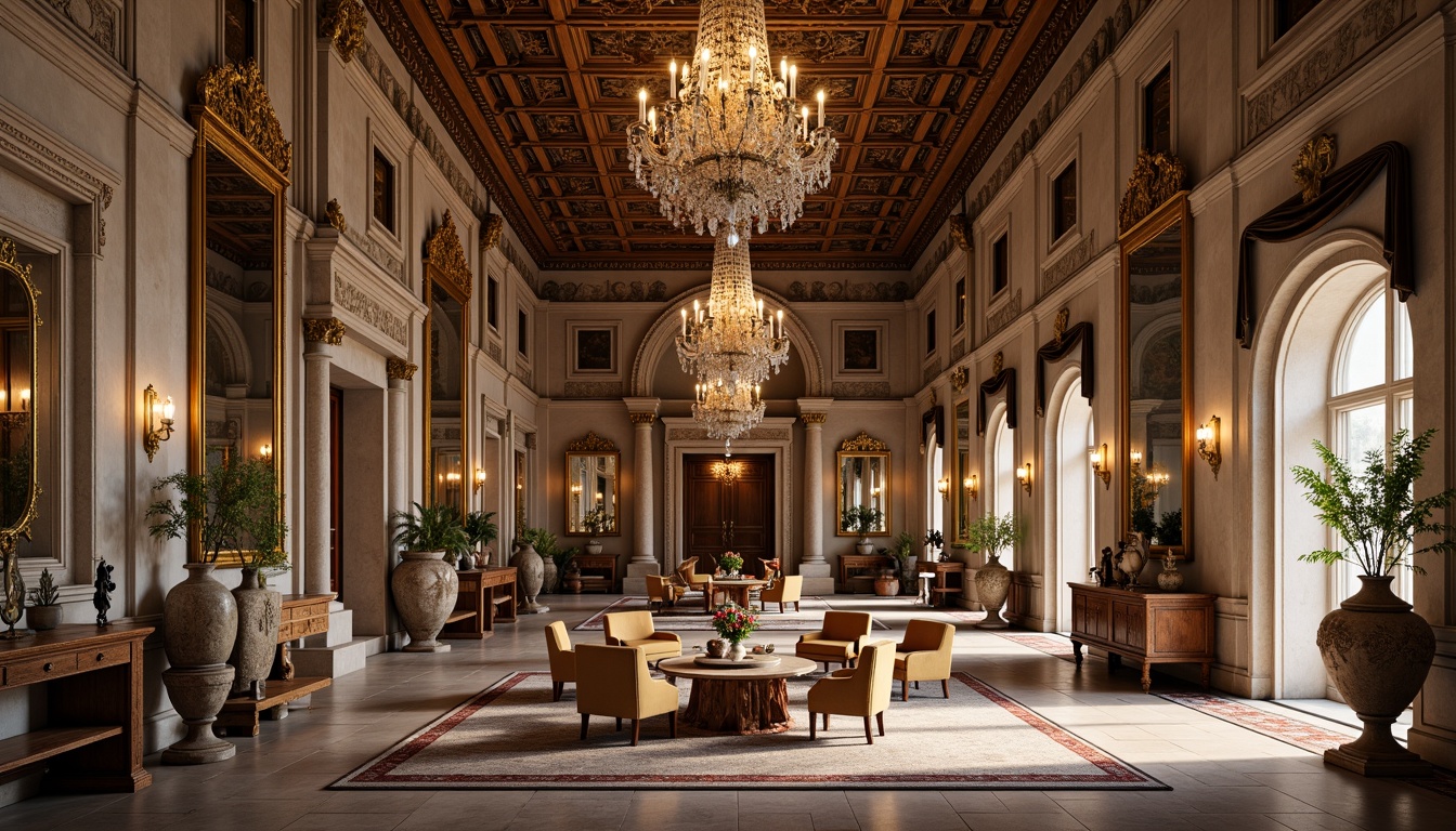 Prompt: Luxurious palace, intricately carved stone walls, grandiose chandeliers, opulent furnishings, lavish textiles, regal colors, ornate mirrors, gilded frames, sculpted marble statues, intricate mosaics, Baroque-inspired architecture, symmetrical compositions, soft warm lighting, shallow depth of field, 1/1 composition, realistic reflections, ambient occlusion.