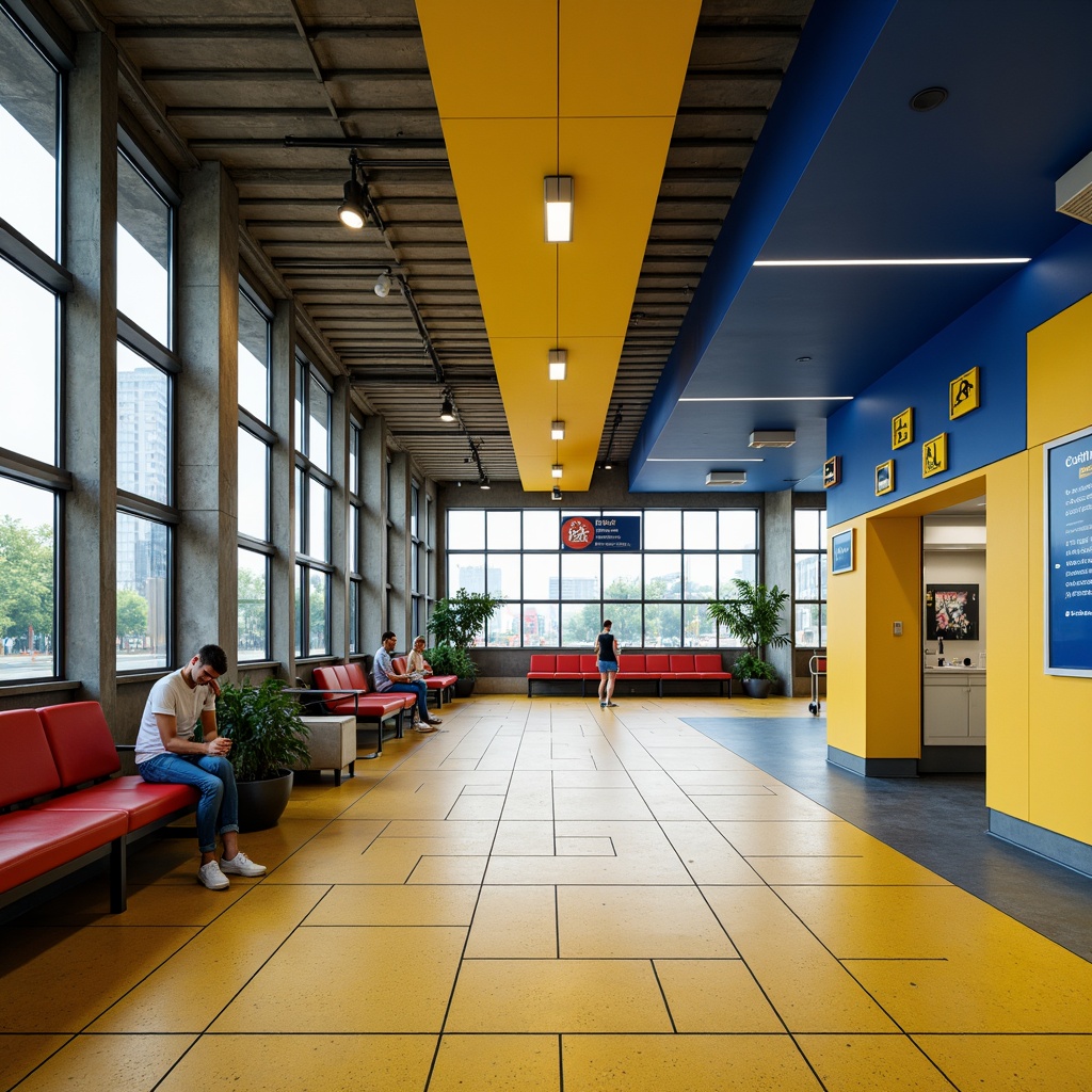 Prompt: Vibrant bus station interior, urban modern aesthetic, bold primary colors, bright yellow accents, deep blue tones, neutral beige backgrounds, sleek metallic surfaces, industrial chic lighting, geometric patterns, minimalist seating areas, functional signage systems, bustling atmosphere, morning natural light, soft box lighting, shallow depth of field, 1/1 composition, realistic textures, ambient occlusion.