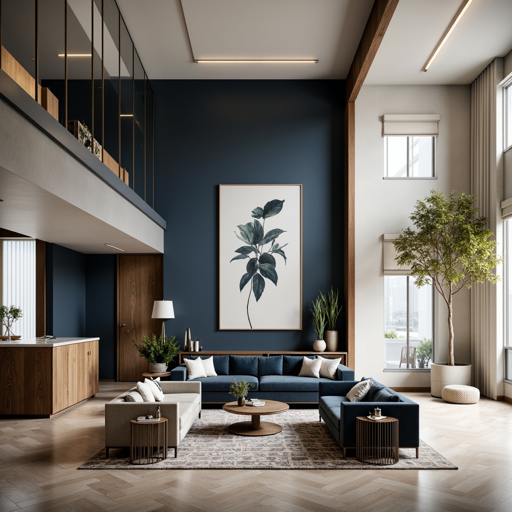 Prompt: Calming navy blue walls, creamy white trim, rich wood accents, plush velvet sofas, metallic gold lighting fixtures, geometric patterned rugs, modern minimalist decor, spacious open-plan living area, floor-to-ceiling windows, sheer white curtains, warm beige flooring, elegant marble countertops, sophisticated wall art, subtle texture contrast, softbox lighting, 1/2 composition, atmospheric perspective, realistic reflections.