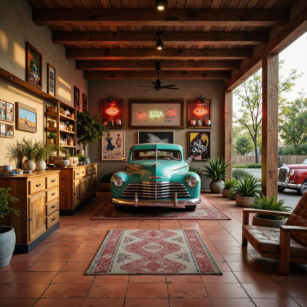 Prompt: Vibrant southwestern family garage, rustic wooden cabinets, distressed metal decor, earthy terracotta flooring, turquoise accents, woven textiles, patterned rugs, vintage car displays, neon signs, retro-style posters, natural stone walls, industrial metal beams, warm ambient lighting, shallow depth of field, 1/1 composition, realistic textures, ambient occlusion.