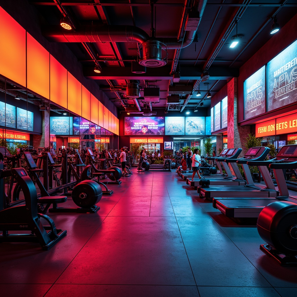 Prompt: Vibrant fitness club, bold color scheme, energetic atmosphere, bright neon lights, motivational quotes, modern equipment, sleek metal machinery, rubber flooring, mirrored walls, high ceilings, natural stone accents, urban loft-style design, industrial-chic aesthetic, dynamic lighting effects, intense reds and oranges, calming blues and greens, contrasting black and white, 1/1 composition, shallow depth of field, soft focus, realistic textures.