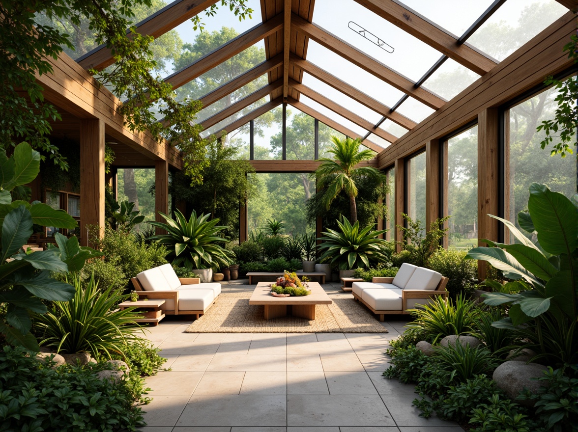 Prompt: Vibrant greenhouse interior, lush greenery, tropical plants, natural stone floors, wooden beams, clerestory windows, skylights, sliding glass doors, minimalist decor, modern furniture, organic textures, earthy color palette, warm ambient lighting, soft shadows, shallow depth of field, 1/1 composition, realistic reflections, ambient occlusion.