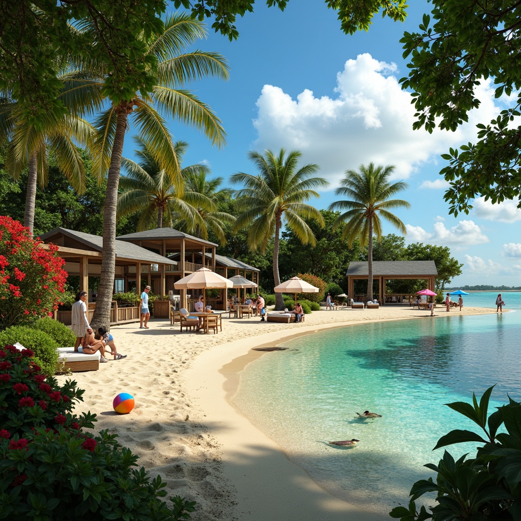 Prompt: Vibrant tropical island, lush green palms, bright hibiscus flowers, warm sandy beaches, clear turquoise waters, colorful beach balls, striped umbrellas, rustic wooden docks, vibrant tiki torches, exotic fruit stands, lively reggae music, joyful laughter, warm sunny day, soft natural lighting, shallow depth of field, 1/2 composition, cinematic view, realistic textures, ambient occlusion.