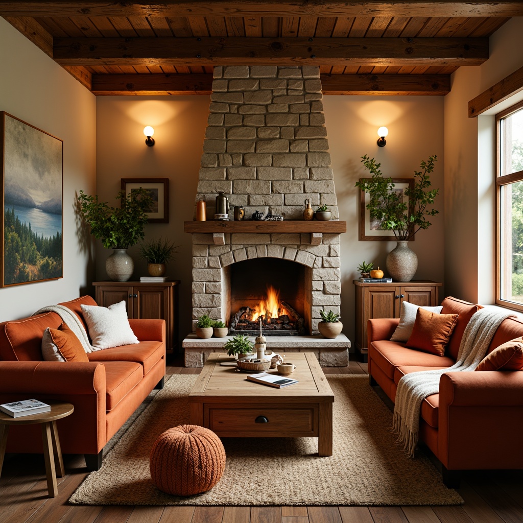 Prompt: Cozy living room, earthy tones, warm beige walls, rich walnut wood furniture, plush velvet sofas, soft golden lighting, crackling fireplace, rustic stone surround, comfortable throw blankets, natural fiber rugs, autumn-inspired color scheme, burnt orange accents, muted sienna hues, creamy whites, inviting atmosphere, shallow depth of field, 1/1 composition, realistic textures, warm ambient occlusion.