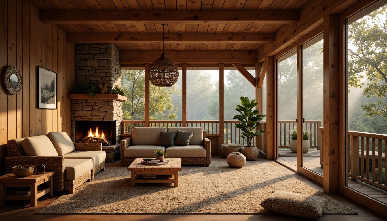 Prompt: Cozy cabin, rustic wooden walls, warm beige tones, soft golden lighting, plush furnishings, natural stone fireplace, woven textiles, earthy scent, autumnal forest surroundings, misty morning atmosphere, shallow depth of field, 1/1 composition, realistic wood grain textures, ambient occlusion.