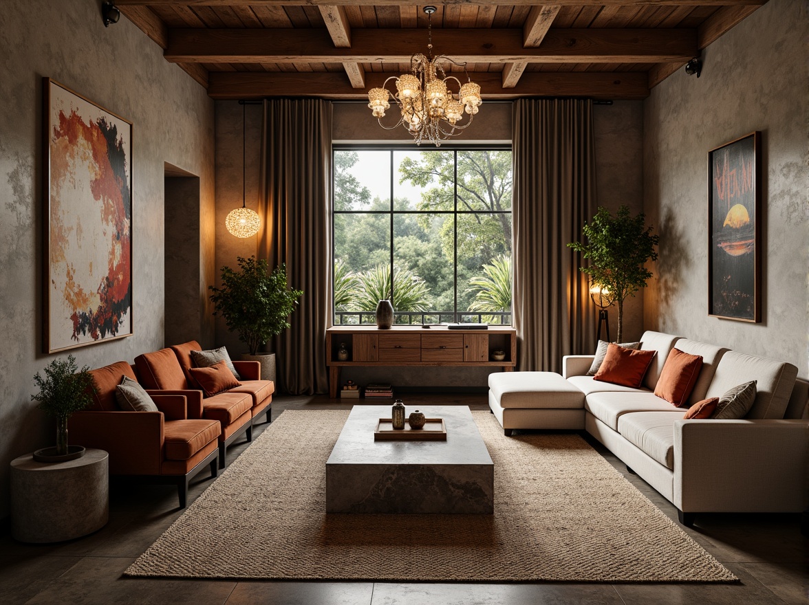 Prompt: Luxurious living room, richly textured walls, velvety soft sofas, chunky woven rugs, natural stone flooring, reclaimed wood accents, industrial metal beams, elegant crystal chandeliers, sophisticated marble countertops, warm ambient lighting, shallow depth of field, 1/1 composition, realistic material textures, subtle normal mapping.