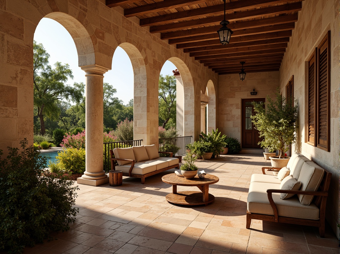 Prompt: Warm Mediterranean villa, rustic stone walls, curved archways, ornate ironwork, lush greenery, vibrant flowers, wooden shutters, terra cotta floors, distressed wood furniture, plush cushions, natural fabrics, earthy color palette, warm golden lighting, shallow depth of field, 3/4 composition, realistic textures, ambient occlusion.