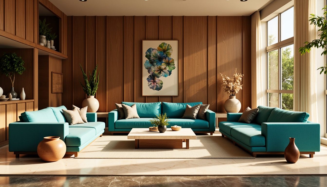 Prompt: Vibrant living room, cozy atmosphere, warm beige walls, rich walnut wood furniture, plush velvet sofas, bold turquoise accents, creamy white marble countertops, natural stone flooring, earthy terracotta vases, lush greenery, soft golden lighting, 1/2 composition, shallow depth of field, realistic textures, ambient occlusion.