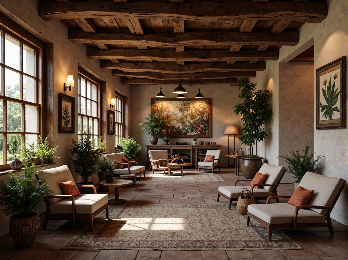 Prompt: Rustic wooden accents, distressed textures, earthy tones, natural stone walls, reclaimed wood planks, vintage metal decorations, warm candlelight, cozy throw blankets, woven baskets, botanical prints, nature-inspired artwork, rough-hewn wooden beams, aged brick surfaces, soft warm lighting, shallow depth of field, 3/4 composition, panoramic view, realistic textures, ambient occlusion.