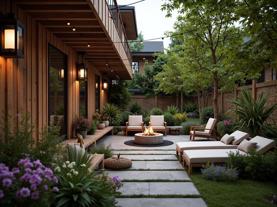 Prompt: Cozy courtyard, lush greenery, vibrant flowers, wooden benches, natural stone pathways, modern lanterns, warm string lights, soft cushions, outdoor heaters, fire pit, rustic wooden accents, earthy color palette, serene ambiance, shallow depth of field, 1/1 composition, panoramic view, realistic textures, ambient occlusion.