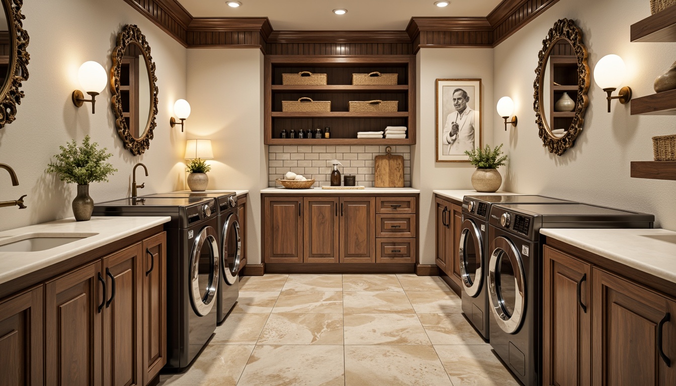 Prompt: Elegant laundry room, ornate wooden cabinets, vintage-style washing machines, distressed metal accents, soft warm lighting, beige stone flooring, classic white subway tiles, decorative bronze fixtures, intricate moldings, natural linen fabrics, woven baskets, rustic wooden shelves, modern minimalist storage solutions, retractable drying racks, hidden ironing boards, sliding laundry sorters, built-in folding tables, ornate mirrors, elegant wall sconces, soft pastel colors, 3/4 composition, warm atmospheric lighting.