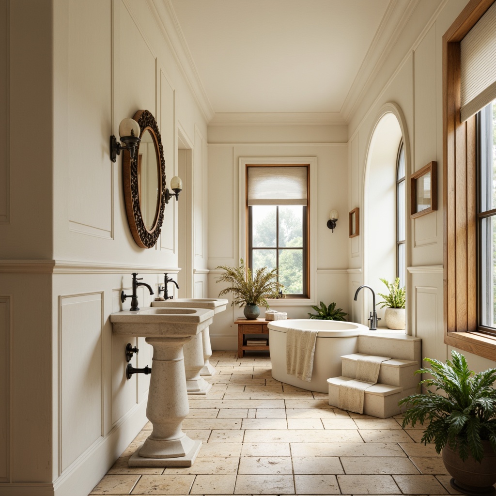 Prompt: Creamy white walls, warm beige floors, soft linen fabrics, distressed wood accents, vintage metal fixtures, ornate ceramic tiles, elegant archways, subtle molding details, classic pedestal sinks, ornamental faucets, gentle natural light, warm ambient glow, shallow depth of field, 1/1 composition, intimate portrait view, realistic textures, ambient occlusion.