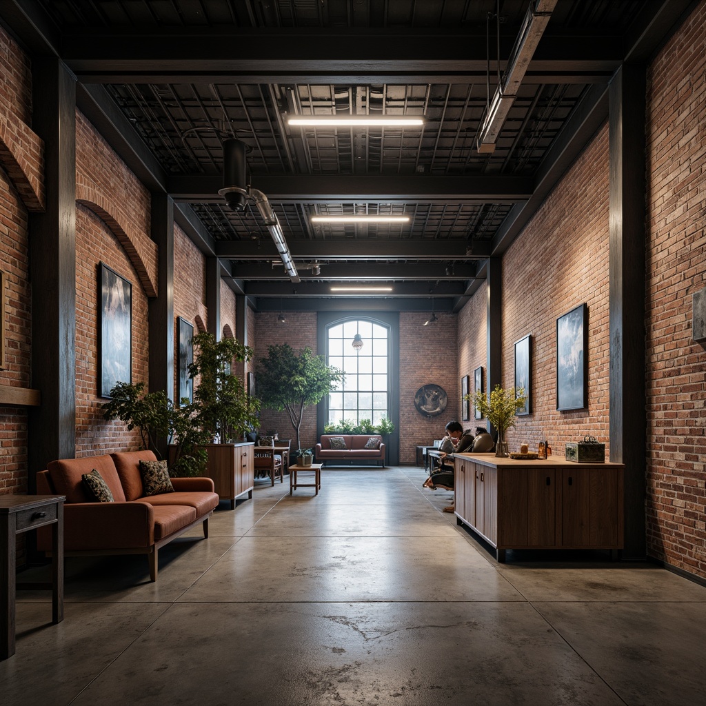 Prompt: Industrial interior, exposed brick walls, metallic beams, concrete floors, reclaimed wood accents, distressed finishes, urban loft atmosphere, modern industrial lighting, metal grid ceilings, polished steel surfaces, rough-hewn stone features, industrial chic decor, moody color palette, dramatic shadows, high contrast ratio, cinematic composition, 1/2 camera angle, atmospheric fog effects, subtle ambient occlusion.