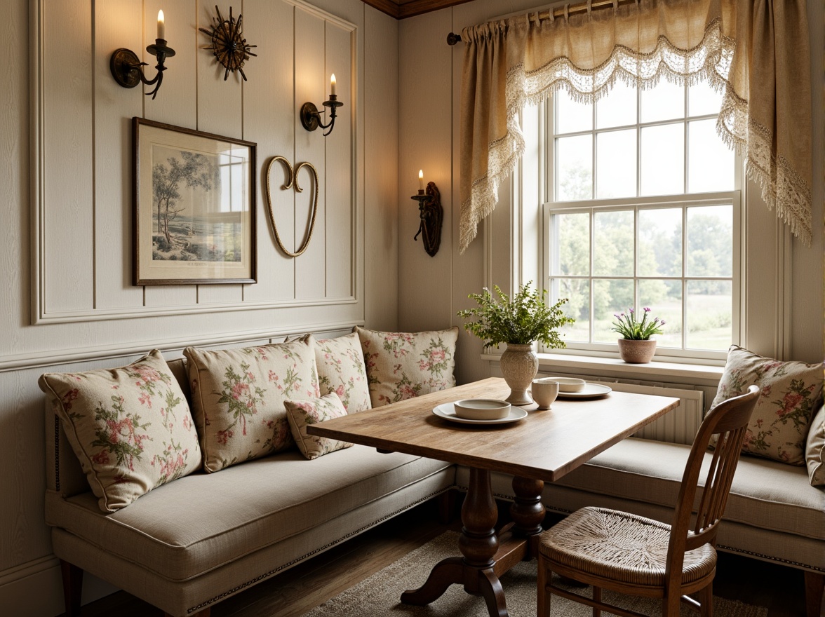 Prompt: Rustic French country breakfast nook, distressed wood accents, soft creamy whites, warm beige tones, floral patterns, vintage-inspired fabrics, toile de Jouy motifs, natural linen textures, woven wicker chairs, elegant lace trimmings, rich velvet drapes, ornate metal hardware, subtle sheen finishes, cozy candlelight, warm golden lighting, shallow depth of field, 1/1 composition, realistic textures, ambient occlusion.